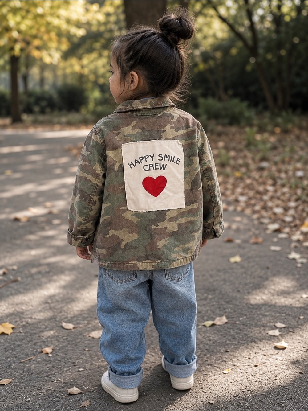 Zara Camo Utility Jacket “Happy Smile Crew” Heart Patch 2–3 Years